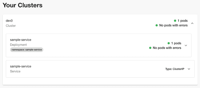 A widget showing a kubernetes cluster called dev0. It has one pod of the sample-service running. The pod has no errors.